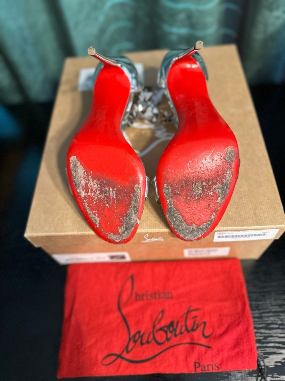 Christian Louboutin Metallic Silver Studded Ankle-Strap Heels - Picture 5 of 8